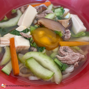 Pho Ga mit Gemüse, Tofu und fermentiertem Ei in rotem Bowl serviert 