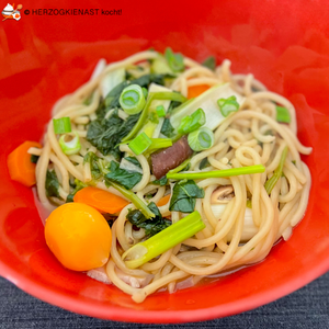 Chinese noodlesoup with pork tenderloin, served in a red bowl